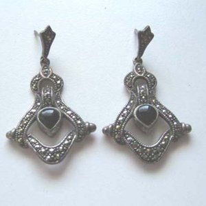 Vintage Silver pierced Marcasites black earrings
